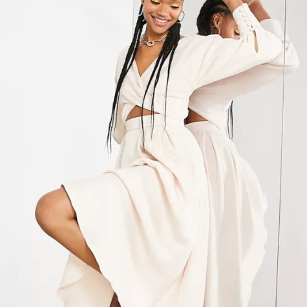ASOS EDITION wrap bodice midi dress with full skirt in seashell